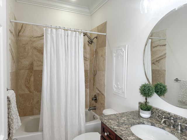 1893 Baytowne Loop, Miramar Beach, FL 32550 - bathroom featuring shower / tub combo with curtain, vanity, toilet, and crown molding