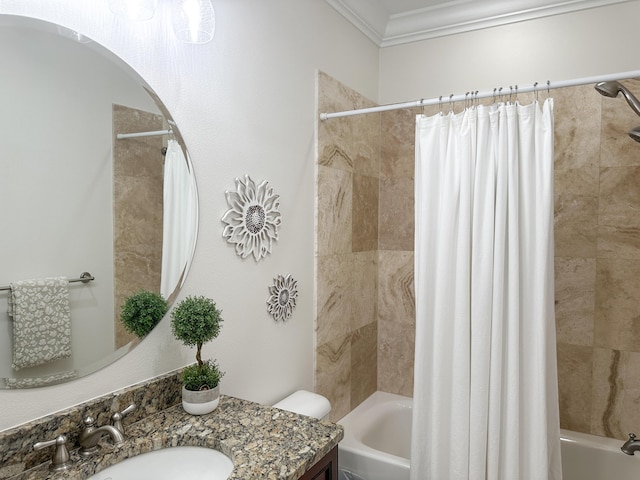 1893 Baytowne Loop, Miramar Beach, FL 32550 - bathroom featuring vanity, shower / bathtub combination with curtain, crown molding, and toilet