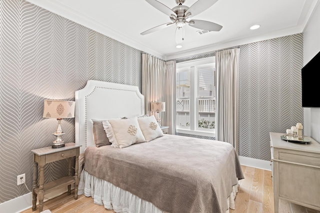 29 Tidal Bridge Way, Watersound, FL 32461 - bedroom featuring wallpapered walls, ornamental molding, light wood-style floors, baseboards, and recessed lighting