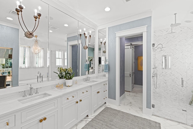 29 Tidal Bridge Way, Watersound, FL 32461 - full bathroom featuring marble finish floors, a stall shower, double vanity, baseboards, and a chandelier