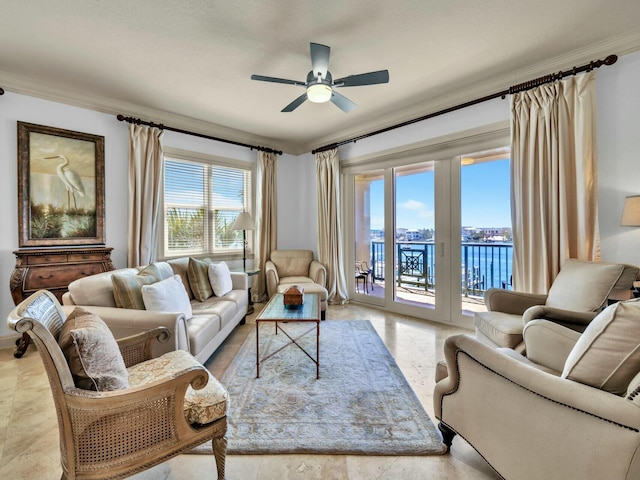 602 Harbor Blvd Unit 201, Destin, FL 32541 - living room featuring ornamental molding and a ceiling fan