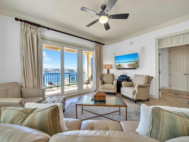 602 Harbor Blvd Unit 201, Destin, FL 32541 - living area with ornamental molding and ceiling fan