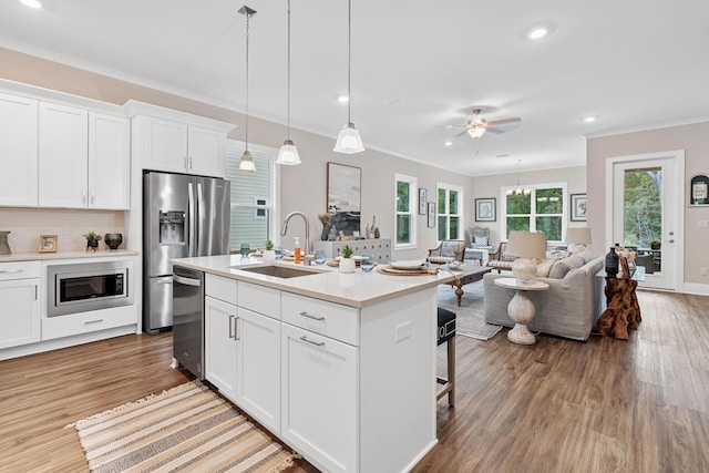 0000 E Bayou Forest Dr Lot 21, Freeport, FL 32439 - kitchen featuring appliances with stainless steel finishes, a sink, light wood-style flooring, a ceiling fan, and crown molding