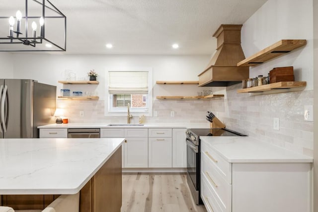 538 22nd St, Niceville, FL 32578 - kitchen featuring open shelves, stainless steel appliances, a sink, light wood finished floors, and recessed lighting