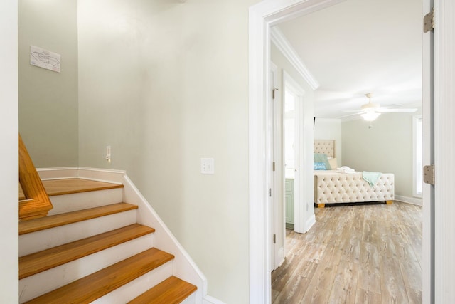 104 Derondo St, Panama City Beach, FL 32413 - stairway featuring crown molding, wood finished floors, a ceiling fan, and baseboards