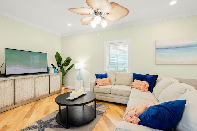 104 Derondo St, Panama City Beach, FL 32413 - living room with ceiling fan, crown molding, wood finished floors, recessed lighting, and baseboards