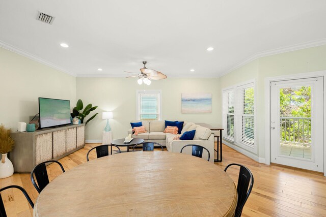 104 Derondo St, Panama City Beach, FL 32413 - dining room featuring light wood-style floors, baseboards, recessed lighting, ornamental molding, and a ceiling fan