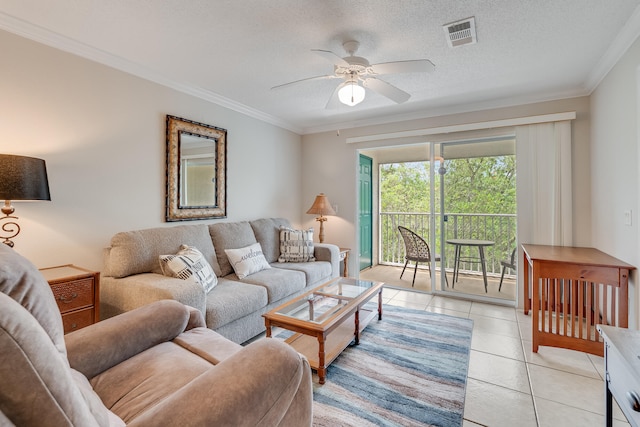 4270 Calinda Ln Unit 343, Niceville, FL 32578 - living room with crown molding, ceiling fan, light tile patterned floors, and a textured ceiling