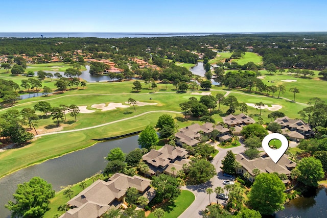 8585 Magnolia Bay Ln, Miramar Beach, FL 32550 - aerial perspective of suburban area with a large body of water, a golf club, and a tree filled landscape