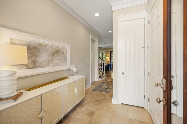 8585 Magnolia Bay Ln, Miramar Beach, FL 32550 - corridor with recessed lighting, ornamental molding, and baseboards