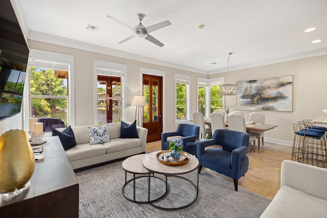8585 Magnolia Bay Ln, Miramar Beach, FL 32550 - living room with healthy amount of natural light, ceiling fan, ornamental molding, recessed lighting, and baseboards