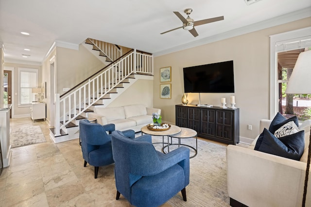 8585 Magnolia Bay Ln, Miramar Beach, FL 32550 - living room featuring ornamental molding, stairway, healthy amount of natural light, ceiling fan, and baseboards