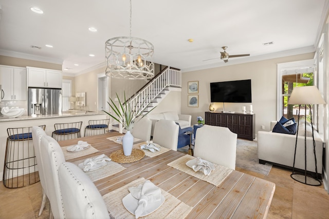 8585 Magnolia Bay Ln, Miramar Beach, FL 32550 - dining space featuring crown molding, stairs, ceiling fan, a chandelier, and recessed lighting