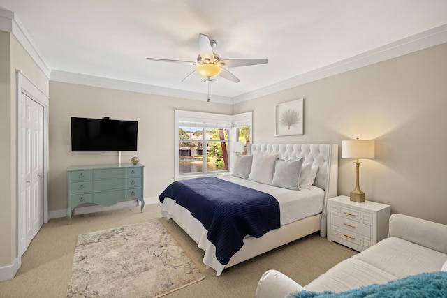 8585 Magnolia Bay Ln, Miramar Beach, FL 32550 - bedroom featuring light colored carpet, crown molding, ceiling fan, and baseboards