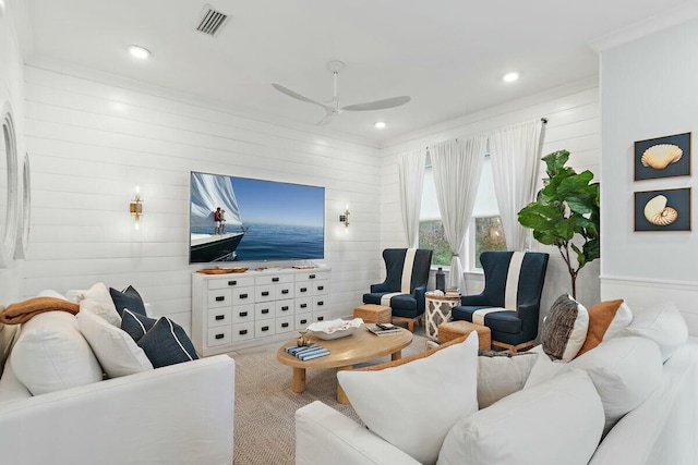 58 E Milestone Dr Unit B, Inlet Beach, FL 32461 - living room with ornamental molding, a ceiling fan, and recessed lighting