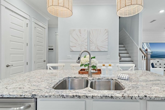 58 E Milestone Dr Unit B, Inlet Beach, FL 32461 - kitchen featuring a sink, white cabinets, light stone counters, dishwasher, and crown molding