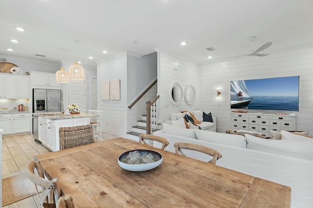 58 E Milestone Dr Unit B, Inlet Beach, FL 32461 - dining room with stairway, a ceiling fan, crown molding, and recessed lighting