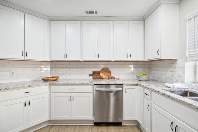 865 Indigo Loop, Destin, FL 32550 - kitchen featuring stainless steel dishwasher, white cabinets, light wood-style floors, and backsplash