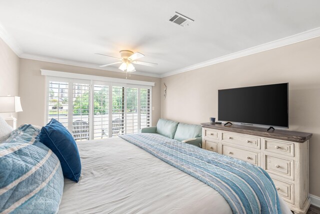 5209 Beachwalk Dr, Miramar Beach, FL 32550 - bedroom with crown molding, access to exterior, a ceiling fan, and baseboards