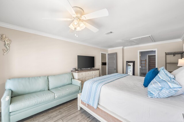 5209 Beachwalk Dr, Miramar Beach, FL 32550 - bedroom with attic access, ornamental molding, wood finished floors, and a ceiling fan