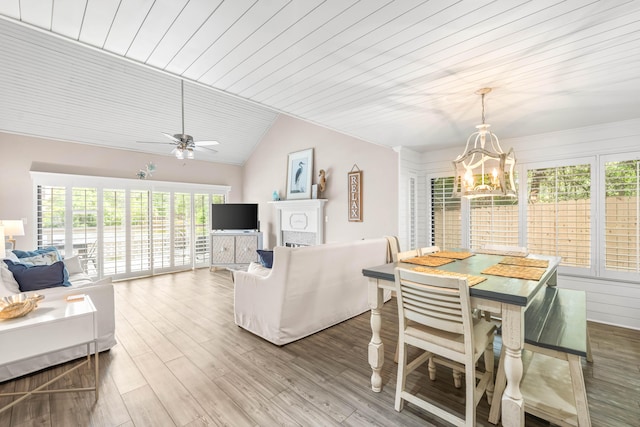 5209 Beachwalk Dr, Miramar Beach, FL 32550 - dining space with wooden ceiling, a chandelier, plenty of natural light, ceiling fan, and wood finished floors