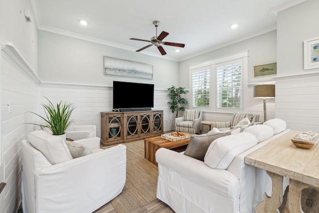 25 E Pine Lands Loop Unit B, Inlet Beach, FL 32461 - living area with ceiling fan, crown molding, light wood finished floors, a wainscoted wall, and recessed lighting