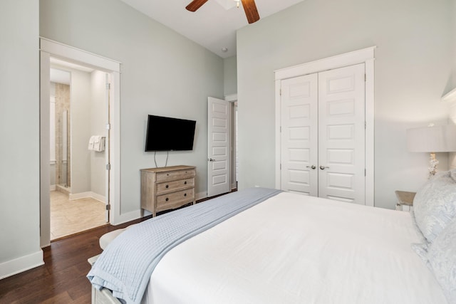 25 E Pine Lands Loop Unit B, Inlet Beach, FL 32461 - bedroom featuring wood finished floors, a closet, baseboards, ceiling fan, and ensuite bathroom