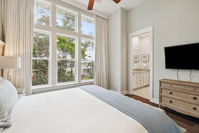 25 E Pine Lands Loop Unit B, Inlet Beach, FL 32461 - bedroom featuring baseboards, wood finished floors, ensuite bath, and ceiling fan