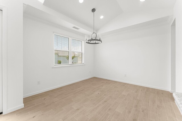 8454 Dreams Float Ct, Panama City Beach, FL 32413 - unfurnished room featuring a chandelier, light wood finished floors, lofted ceiling, recessed lighting, and crown molding