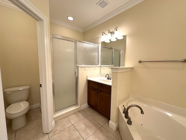 413 Nathey Ave Unit 10, Niceville, FL 32578 - bathroom with vanity, crown molding, a jetted tub, toilet, and a shower stall