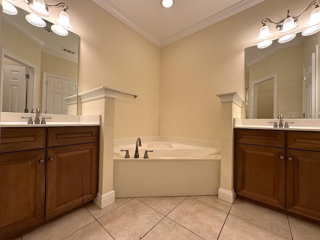 413 Nathey Ave Unit 10, Niceville, FL 32578 - bathroom with two vanities, a bath, ornamental molding, tile patterned flooring, and baseboards