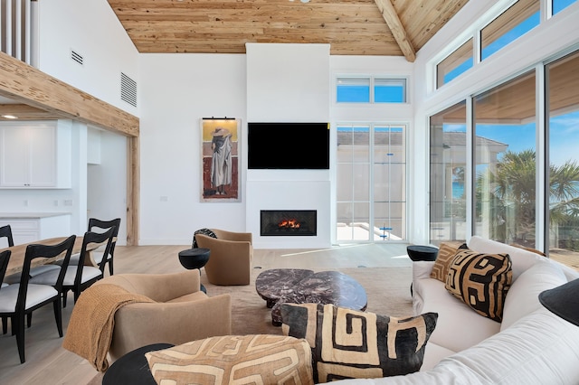40 Jasmine Cir, Santa Rosa Beach, FL 32459 - living area with wood ceiling with exposed beams, high vaulted ceiling, light wood-style floors, and a lit fireplace