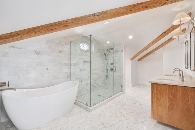 40 Jasmine Cir, Santa Rosa Beach, FL 32459 - bathroom featuring a freestanding tub, a stall shower, double vanity, and recessed lighting