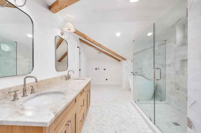 40 Jasmine Cir, Santa Rosa Beach, FL 32459 - bathroom with a stall shower, a freestanding bath, double vanity, and recessed lighting