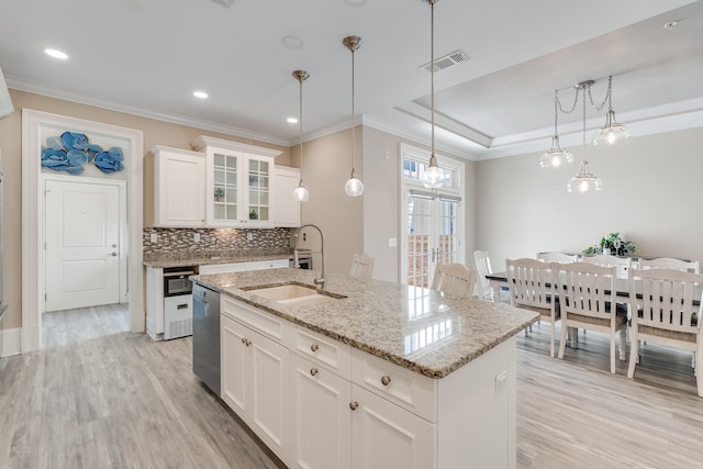 4134 Cobalt Cir Unit Ro14, Panama City, FL 32408 - kitchen featuring stainless steel dishwasher, a sink, light wood-style flooring, ornamental molding, and glass insert cabinets