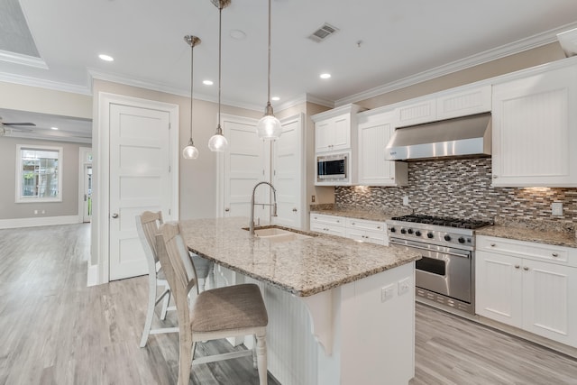 4134 Cobalt Cir Unit Ro14, Panama City, FL 32408 - kitchen featuring under cabinet range hood, appliances with stainless steel finishes, a sink, a kitchen island with sink, and light wood-style flooring