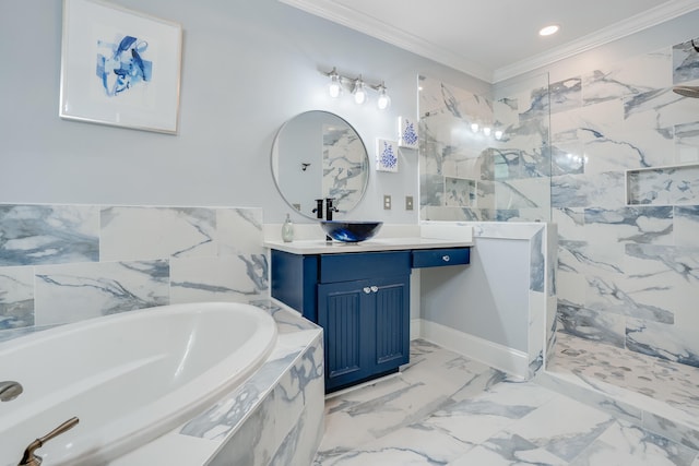 4134 Cobalt Cir Unit Ro14, Panama City, FL 32408 - bathroom featuring vanity, a garden tub, a marble finish shower, crown molding, and marble finish floors