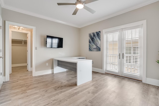 4134 Cobalt Cir Unit Ro14, Panama City, FL 32408 - unfurnished office featuring ornamental molding, light wood finished floors, ceiling fan, baseboards, and french doors