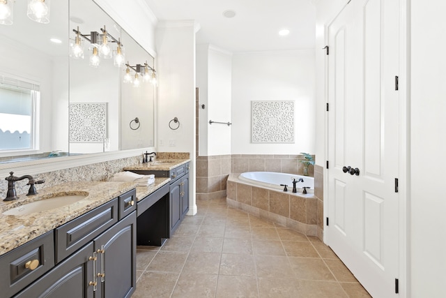 52 Tranquility Ln, Destin, FL 32541 - full bath with double vanity, a garden tub, crown molding, tile patterned flooring, and recessed lighting