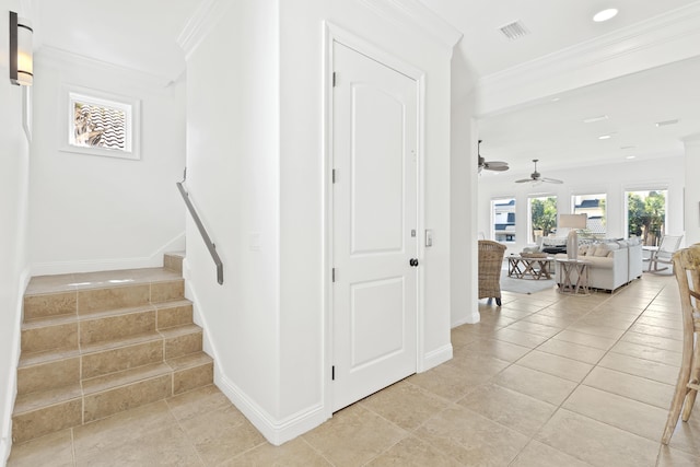 52 Tranquility Ln, Destin, FL 32541 - stairway featuring crown molding, baseboards, ceiling fan, tile patterned flooring, and recessed lighting