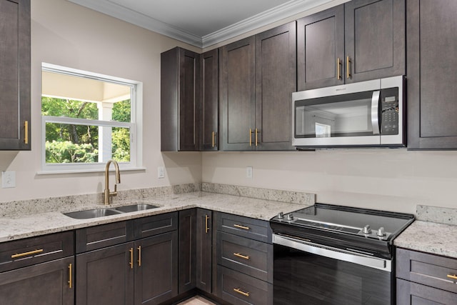 1511 23rd St, Niceville, FL 32578 - kitchen featuring stainless steel appliances, a sink, dark brown cabinetry, crown molding, and light stone countertops
