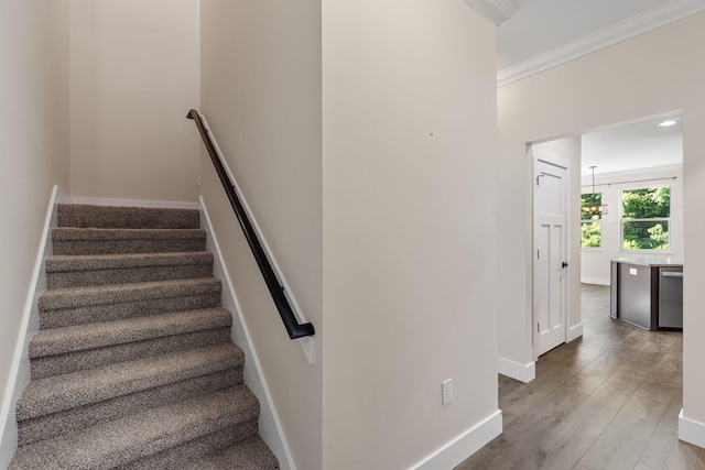 1511 23rd St, Niceville, FL 32578 - staircase featuring baseboards, wood finished floors, and crown molding