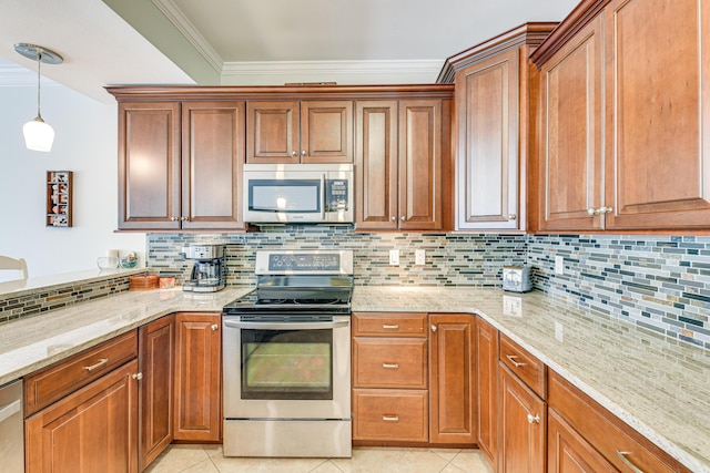 2410 Scenic Gulf Dr Unit 101C, Miramar Beach, FL 32550 - kitchen with stainless steel appliances, light stone countertops, pendant lighting, backsplash, and crown molding