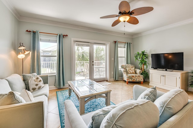 2410 Scenic Gulf Dr Unit 101C, Miramar Beach, FL 32550 - living room featuring light tile patterned flooring, ornamental molding, a ceiling fan, and baseboards