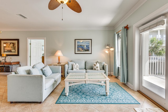 2410 Scenic Gulf Dr Unit 101C, Miramar Beach, FL 32550 - living room featuring ceiling fan, crown molding, and light tile patterned floors