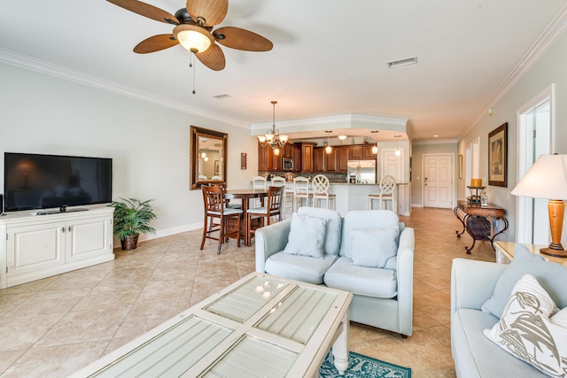 2410 Scenic Gulf Dr Unit 101C, Miramar Beach, FL 32550 - living room featuring crown molding, light tile patterned floors, a ceiling fan, baseboards, and a chandelier