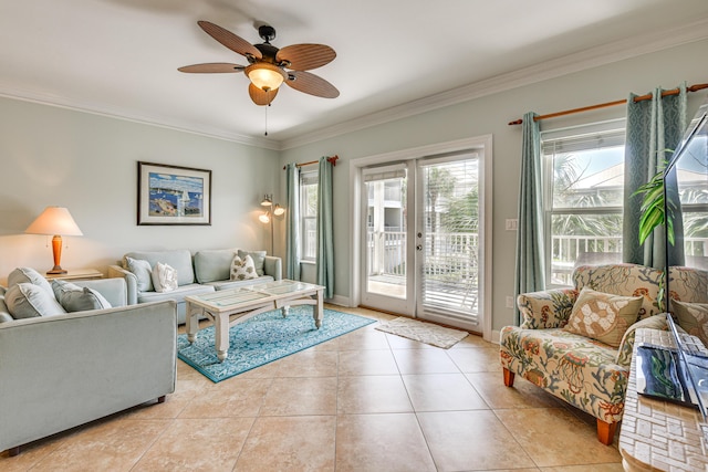 2410 Scenic Gulf Dr Unit 101C, Miramar Beach, FL 32550 - living area with ornamental molding, ceiling fan, light tile patterned floors, and baseboards