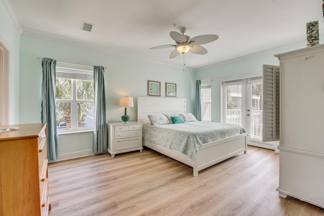 2410 Scenic Gulf Dr Unit 101C, Miramar Beach, FL 32550 - bedroom featuring crown molding, light wood-style floors, access to exterior, a ceiling fan, and baseboards