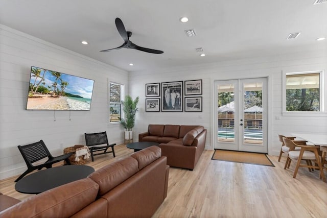 136 Lee Pl, Santa Rosa Beach, FL 32459 - living room featuring light wood-type flooring, french doors, ceiling fan, and recessed lighting