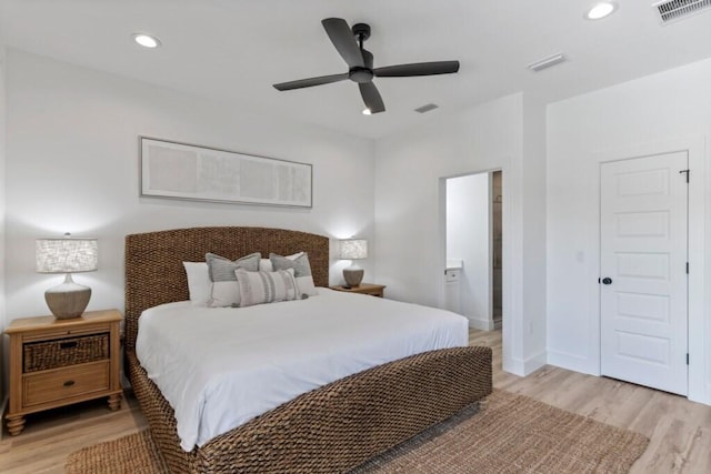 136 Lee Pl, Santa Rosa Beach, FL 32459 - bedroom featuring light wood-type flooring, recessed lighting, baseboards, ensuite bathroom, and ceiling fan